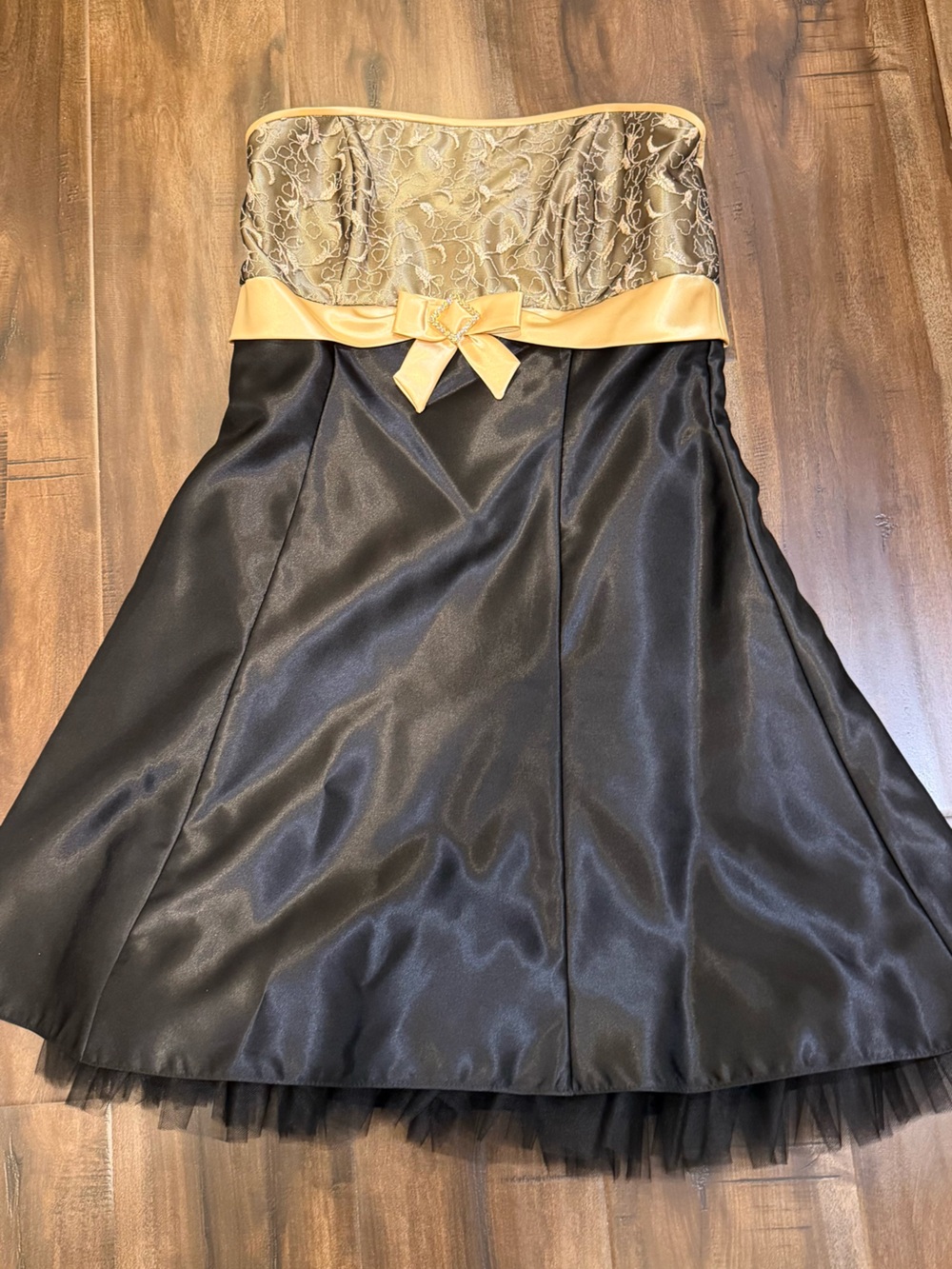 Jessica McClintock Size 9 Black & Gold Satin Embellished Dress - Strapless